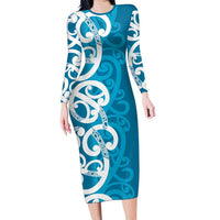 Azure Blue Maori Family Matching Long Sleeve Bodycon Dress and Hawaiian Shirt Koru Kowhaiwhai LT7 Mom's Dress Blue - Polynesian Pride