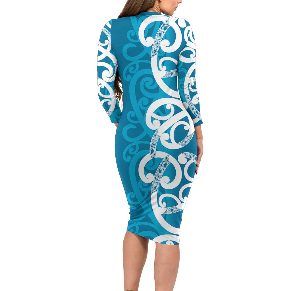 Azure Blue Maori Family Matching Long Sleeve Bodycon Dress and Hawaiian Shirt Koru Kowhaiwhai LT7 - Polynesian Pride