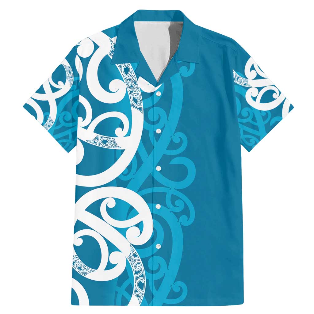 Azure Blue Maori Family Matching Mermaid Dress and Hawaiian Shirt Koru Kowhaiwhai LT7 Dad's Shirt - Short Sleeve Blue - Polynesian Pride