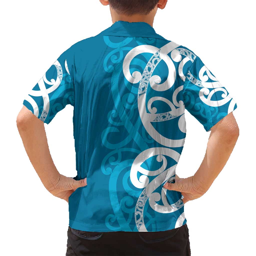 Azure Blue Maori Family Matching Off Shoulder Maxi Dress and Hawaiian Shirt Koru Kowhaiwhai LT7 - Polynesian Pride