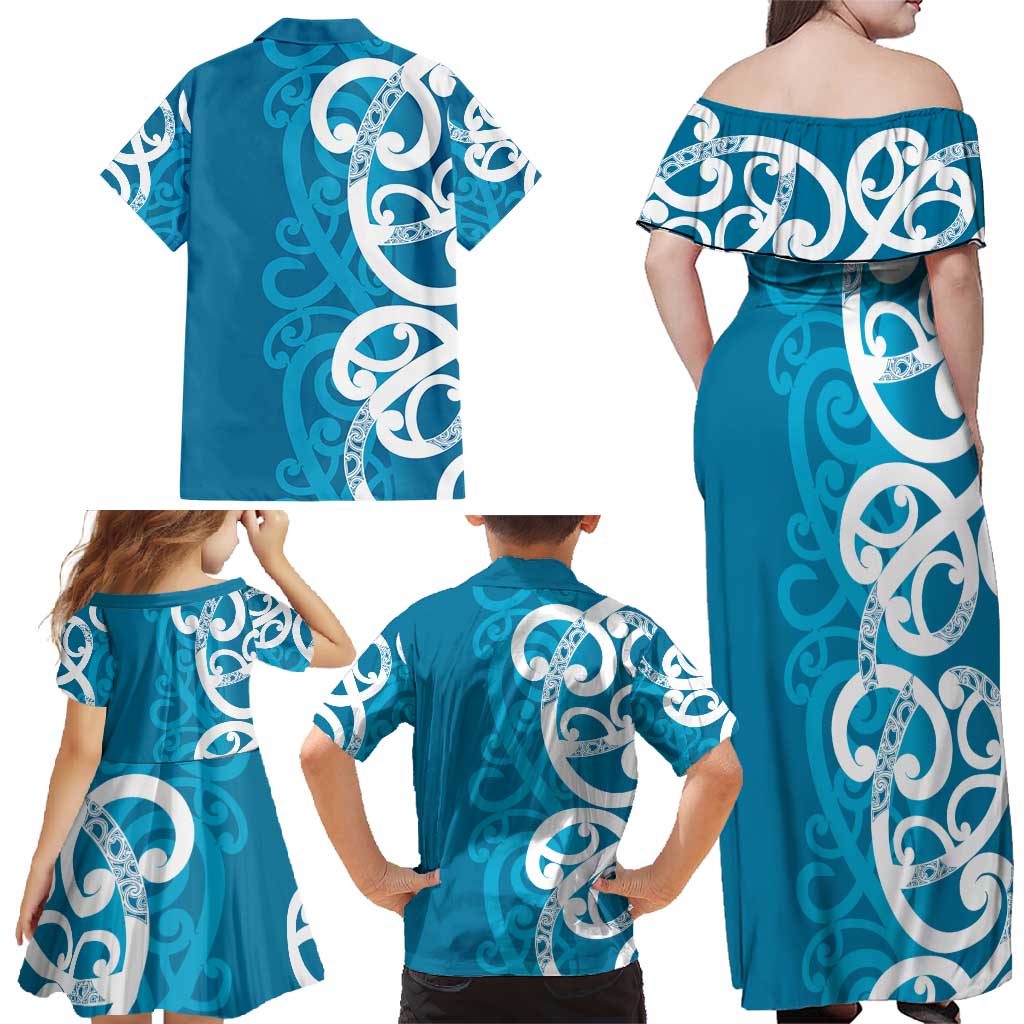 Azure Blue Maori Family Matching Off Shoulder Maxi Dress and Hawaiian Shirt Koru Kowhaiwhai LT7 - Polynesian Pride