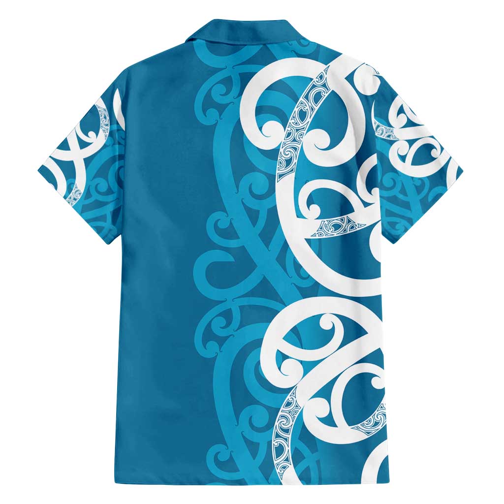 Azure Blue Maori Family Matching Off Shoulder Short Dress and Hawaiian Shirt Koru Kowhaiwhai LT7 - Polynesian Pride