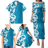 Azure Blue Maori Family Matching Puletasi and Hawaiian Shirt Koru Kowhaiwhai - Polynesian Pride