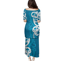Azure Blue Maori Family Matching Puletasi and Hawaiian Shirt Koru Kowhaiwhai - Polynesian Pride