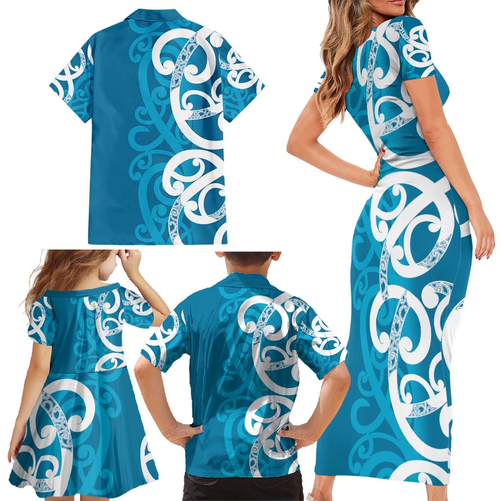 Azure Blue Maori Family Matching Short Sleeve Bodycon Dress and Hawaiian Shirt Koru Kowhaiwhai LT7 - Polynesian Pride