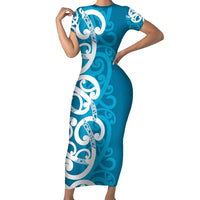 Azure Blue Maori Family Matching Short Sleeve Bodycon Dress and Hawaiian Shirt Koru Kowhaiwhai LT7 Mom's Dress Blue - Polynesian Pride