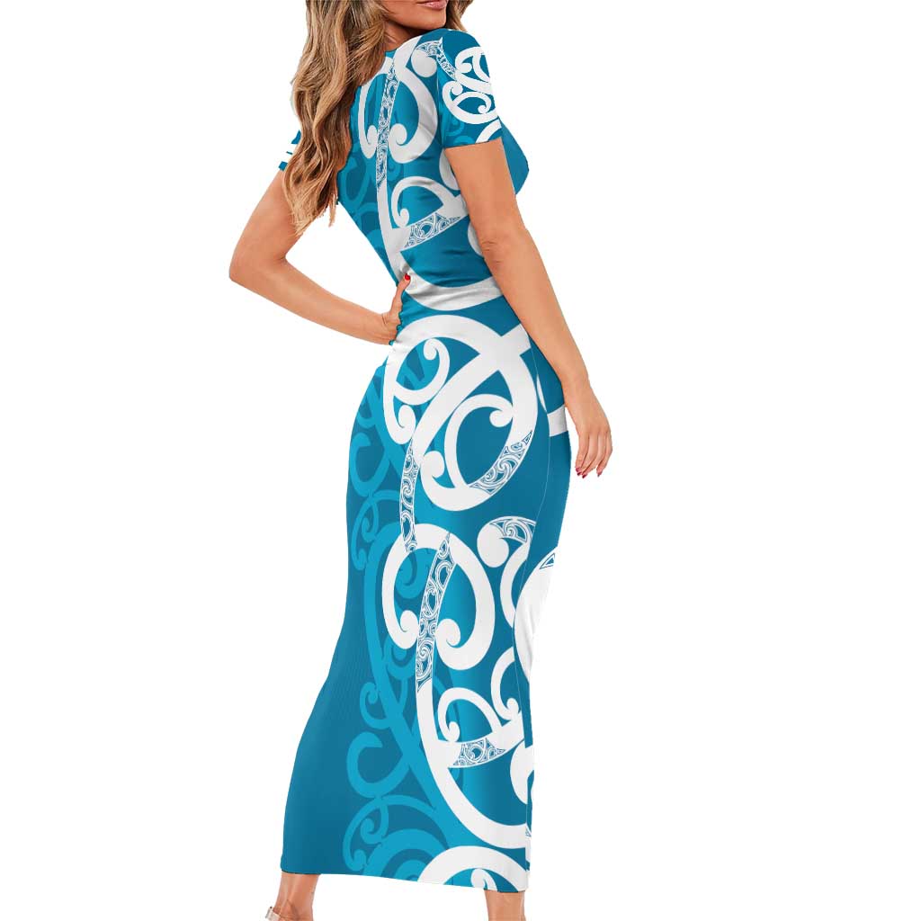 Azure Blue Maori Family Matching Short Sleeve Bodycon Dress and Hawaiian Shirt Koru Kowhaiwhai LT7 - Polynesian Pride