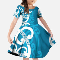Azure Blue Maori Family Matching Summer Maxi Dress and Hawaiian Shirt Koru Kowhaiwhai LT7 Daughter's Dress Blue - Polynesian Pride