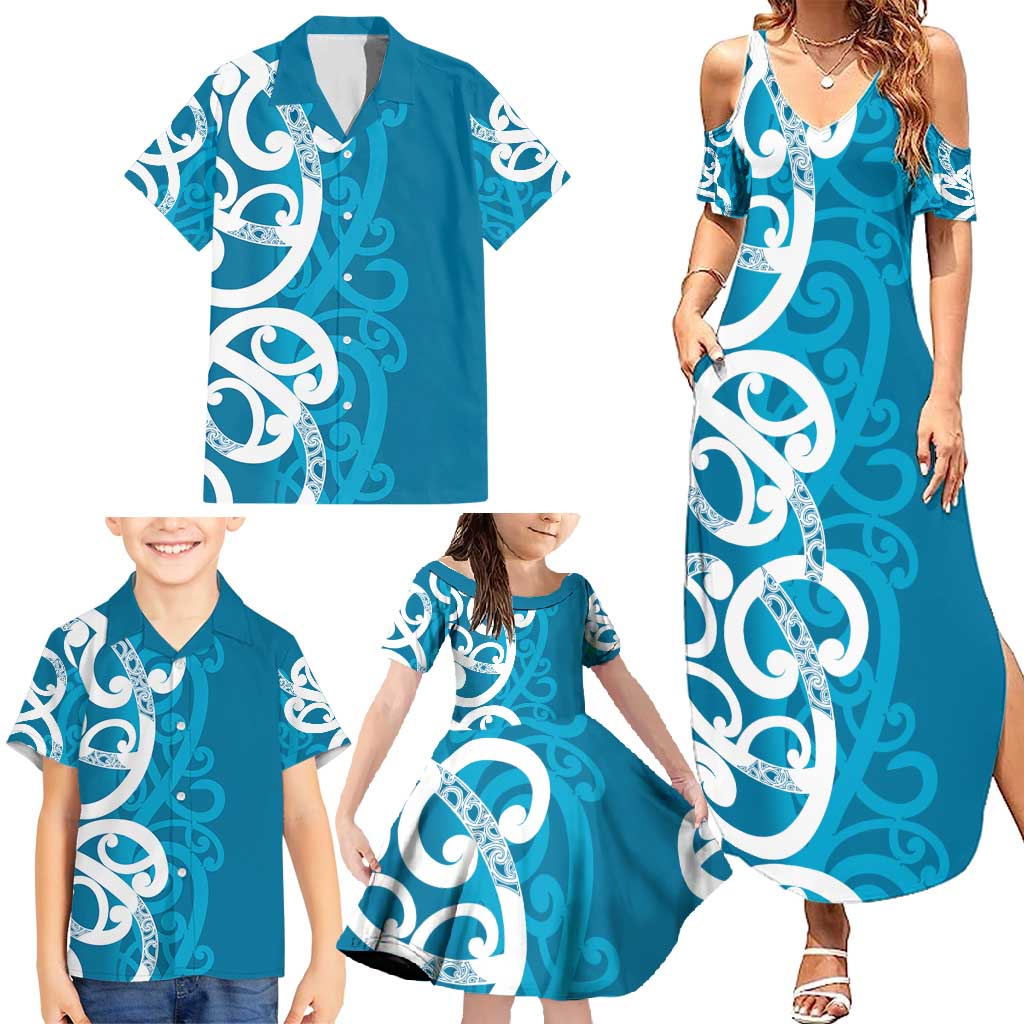 Azure Blue Maori Family Matching Summer Maxi Dress and Hawaiian Shirt Koru Kowhaiwhai LT7 - Polynesian Pride