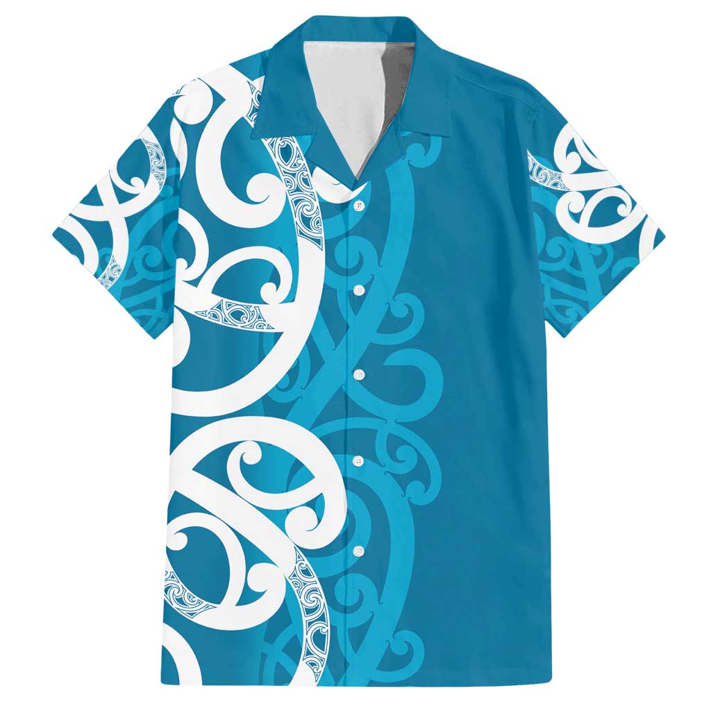 Azure Blue Maori Family Matching Summer Maxi Dress and Hawaiian Shirt Koru Kowhaiwhai LT7 Dad's Shirt - Short Sleeve Blue - Polynesian Pride