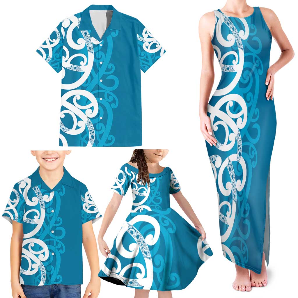Azure Blue Maori Family Matching Tank Maxi Dress and Hawaiian Shirt Koru Kowhaiwhai LT7 - Polynesian Pride