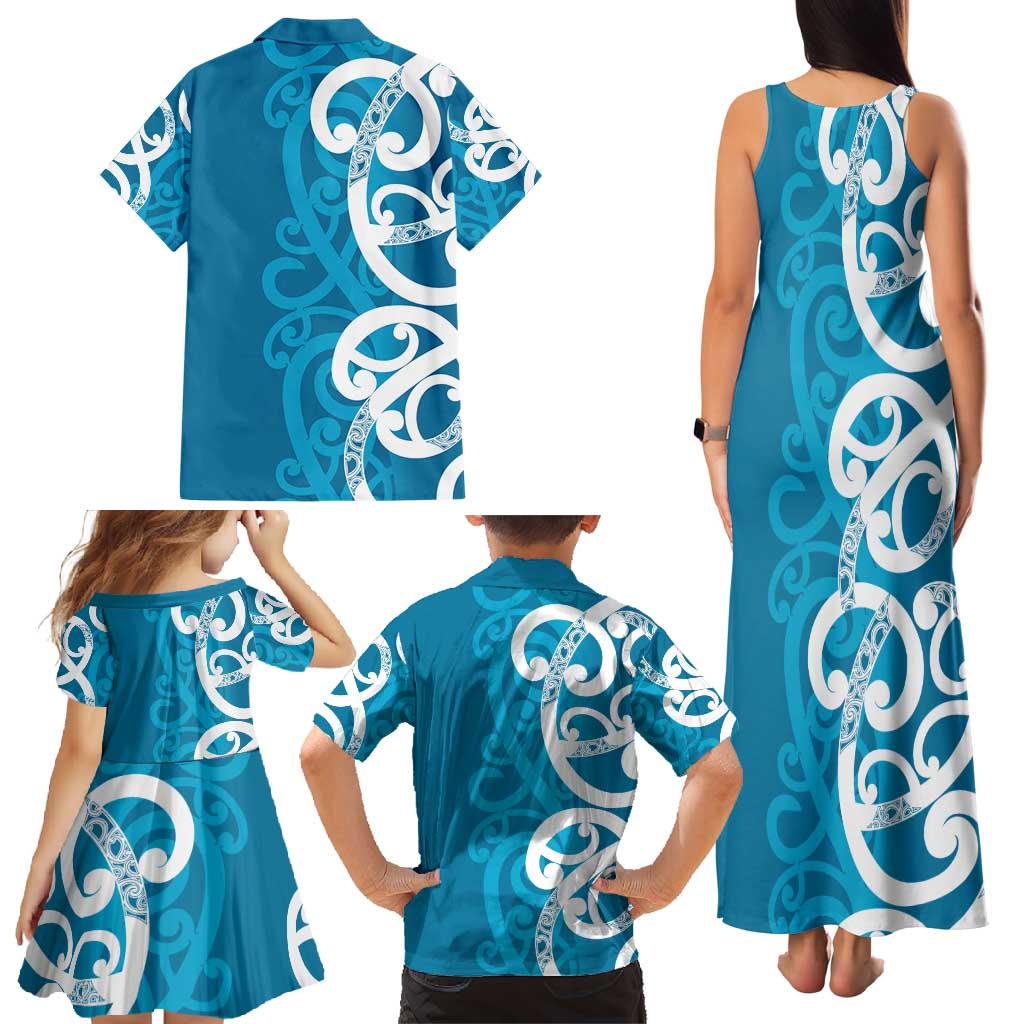Azure Blue Maori Family Matching Tank Maxi Dress and Hawaiian Shirt Koru Kowhaiwhai LT7 - Polynesian Pride