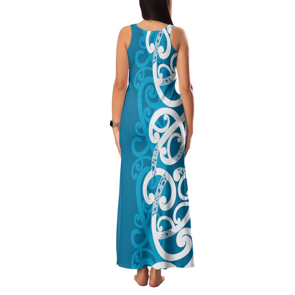 Azure Blue Maori Family Matching Tank Maxi Dress and Hawaiian Shirt Koru Kowhaiwhai LT7 - Polynesian Pride