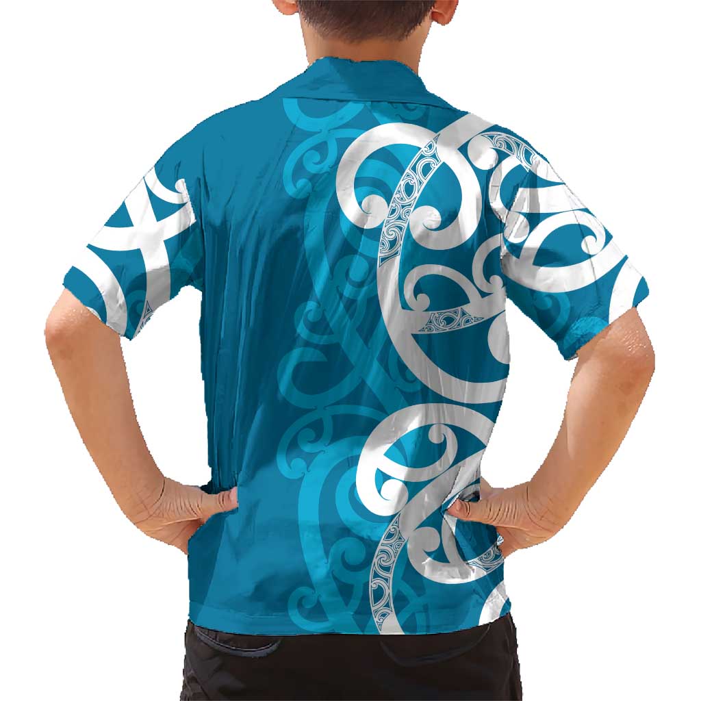 Azure Blue Maori Kid Hawaiian Shirt Koru Kowhaiwhai - Polynesian Pride