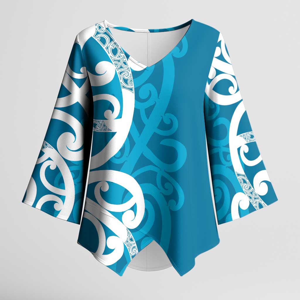 Azure Blue Maori Kimono Sleeve Blouse Koru Kowhaiwhai - Polynesian Pride