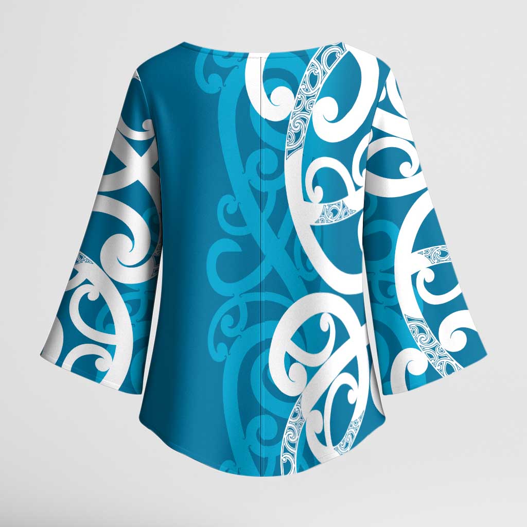 Azure Blue Maori Kimono Sleeve Blouse Koru Kowhaiwhai - Polynesian Pride