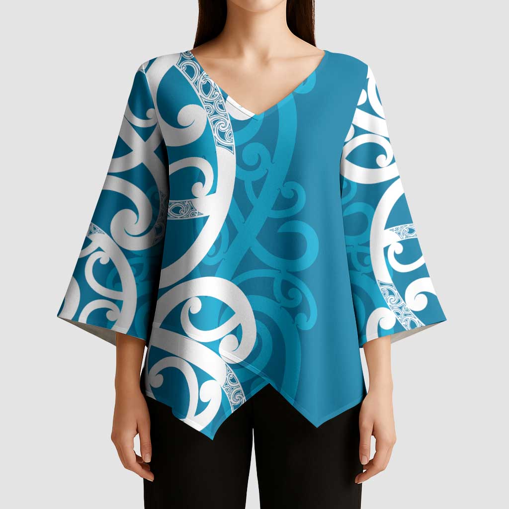 Azure Blue Maori Kimono Sleeve Blouse Koru Kowhaiwhai - Polynesian Pride