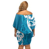 Azure Blue Maori Off Shoulder Short Dress Koru Kowhaiwhai - Polynesian Pride