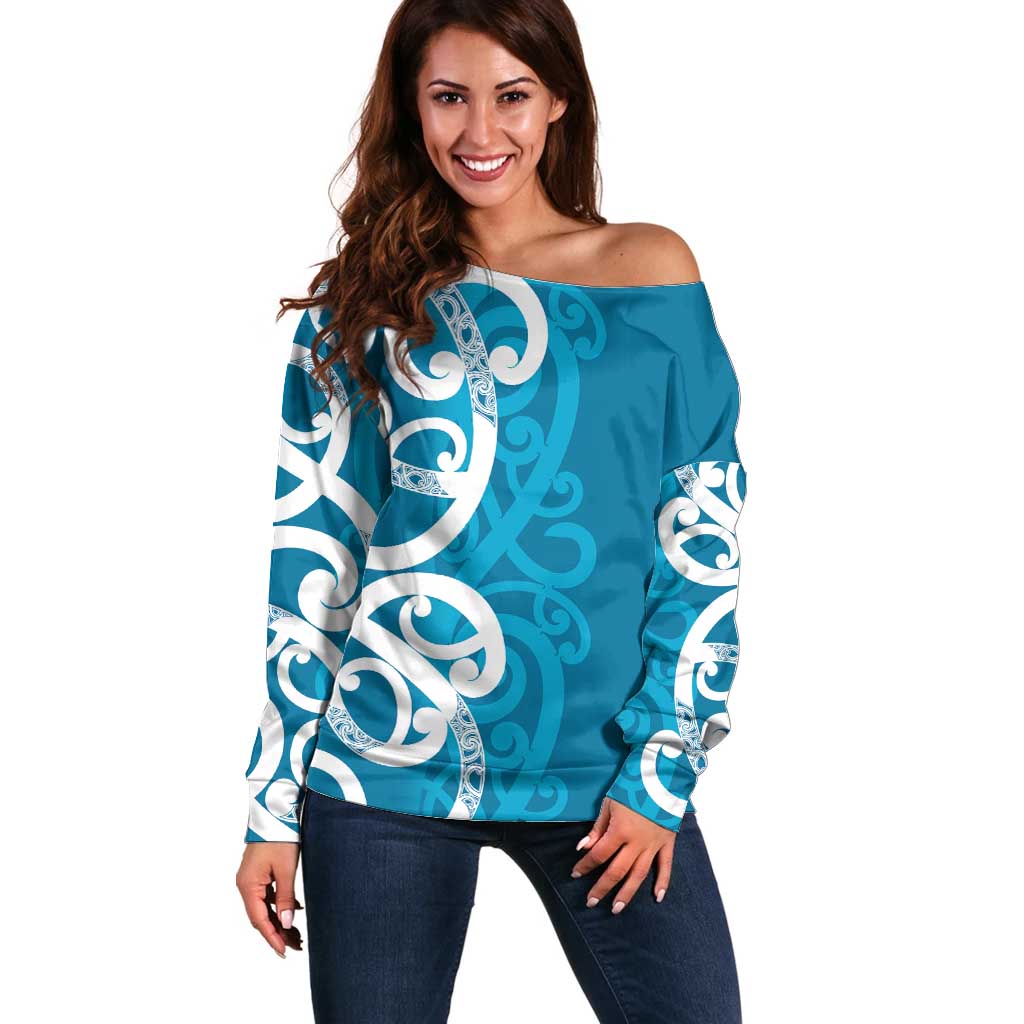Azure Blue Maori Off Shoulder Sweater Koru Kowhaiwhai - Polynesian Pride