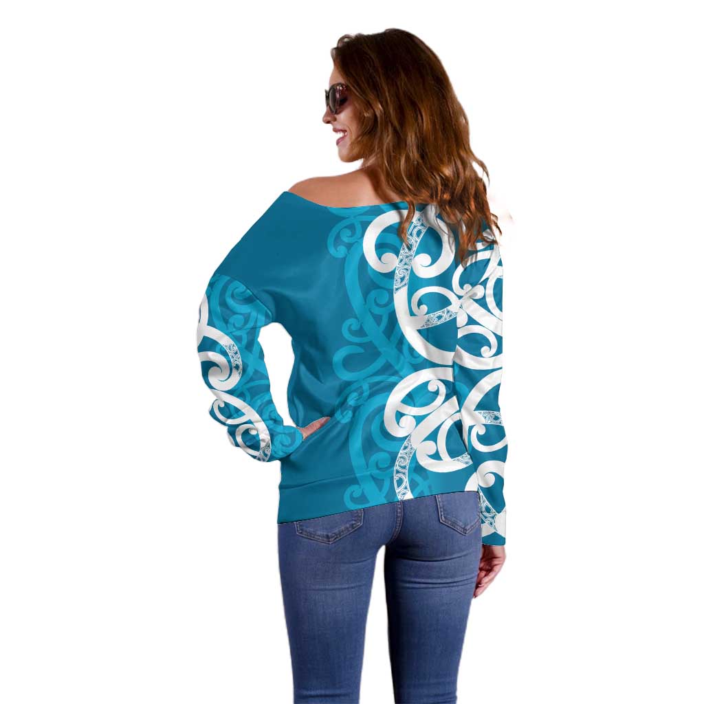 Azure Blue Maori Off Shoulder Sweater Koru Kowhaiwhai - Polynesian Pride