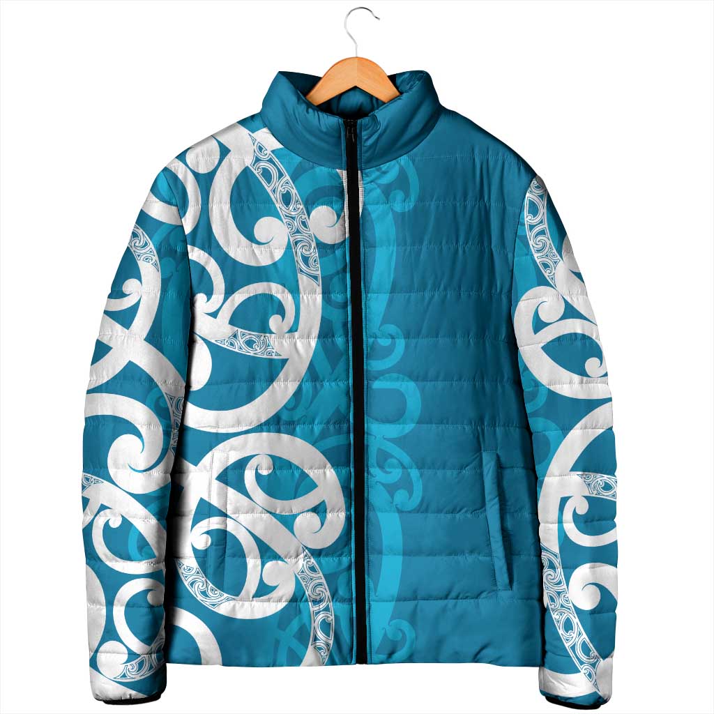 Azure Blue Maori Padded Jacket Koru Kowhaiwhai - Polynesian Pride