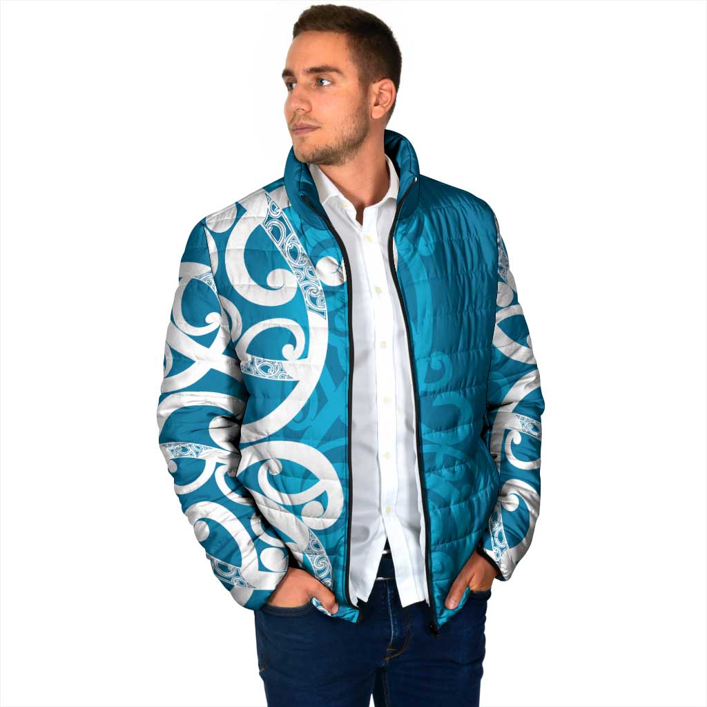 Azure Blue Maori Padded Jacket Koru Kowhaiwhai - Polynesian Pride