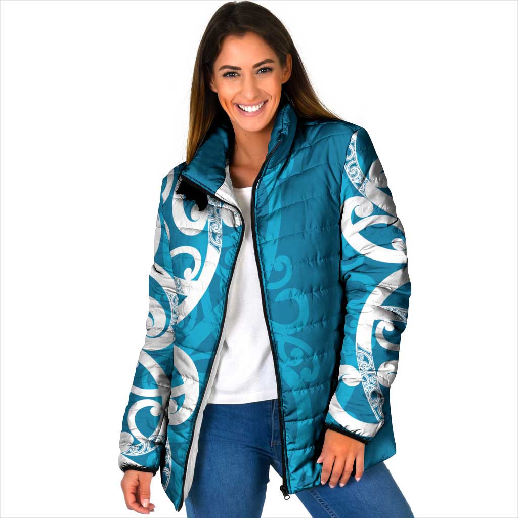 Azure Blue Maori Padded Jacket Koru Kowhaiwhai - Polynesian Pride