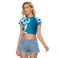 Azure Blue Maori Raglan Cropped T Shirt Koru Kowhaiwhai - Polynesian Pride