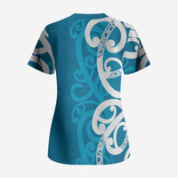 Azure Blue Maori Scrub Top Koru Kowhaiwhai LT7 - Polynesian Pride