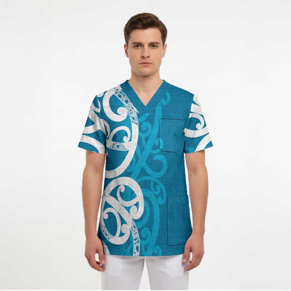 Azure Blue Maori Scrub Top Koru Kowhaiwhai LT7 - Polynesian Pride