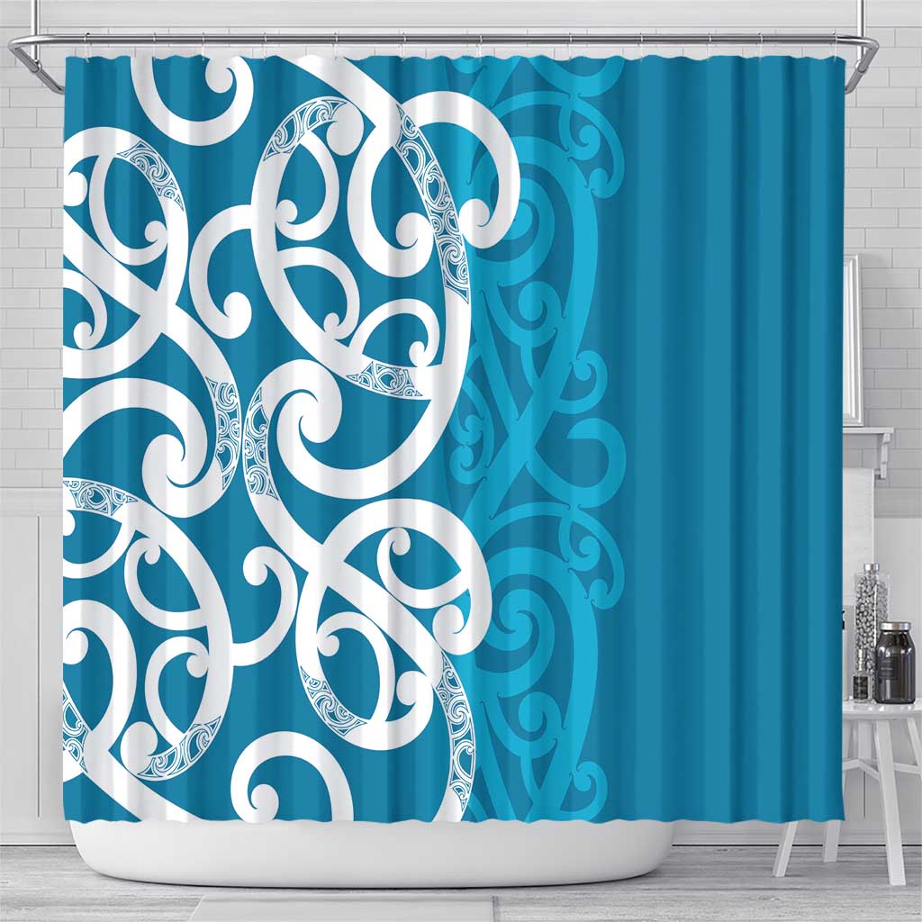 Azure Blue Maori Shower Curtain Koru Kowhaiwhai - Polynesian Pride