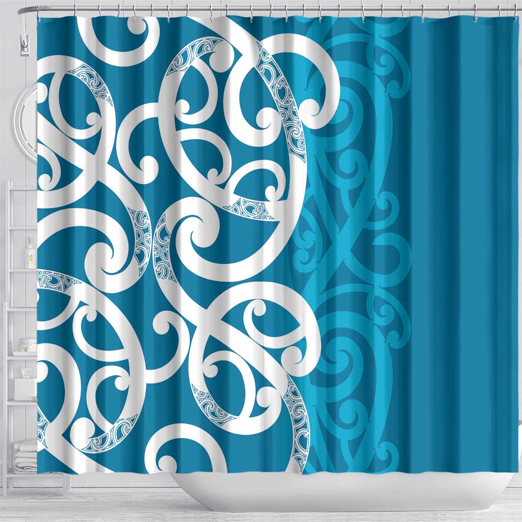 Azure Blue Maori Shower Curtain Koru Kowhaiwhai - Polynesian Pride