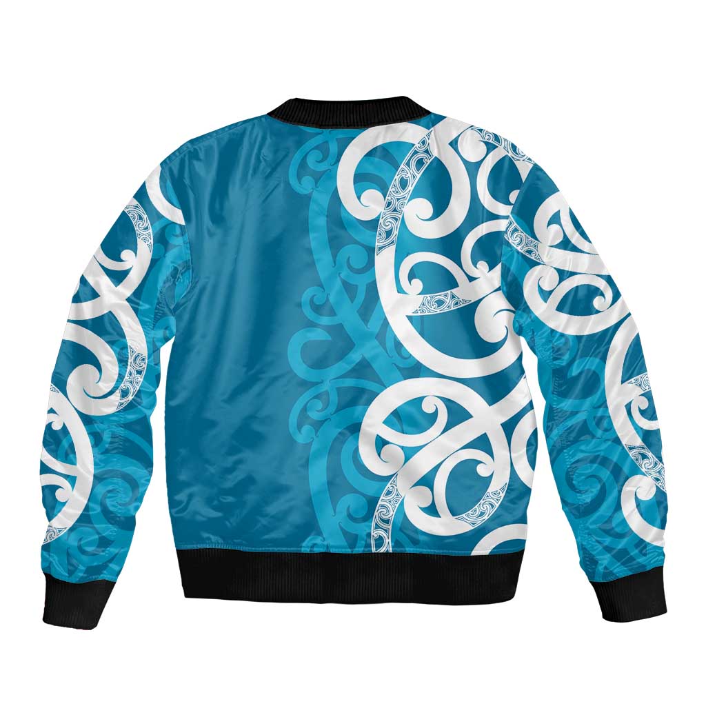 Azure Blue Maori Sleeve Zip Bomber Jacket Koru Kowhaiwhai - Polynesian Pride