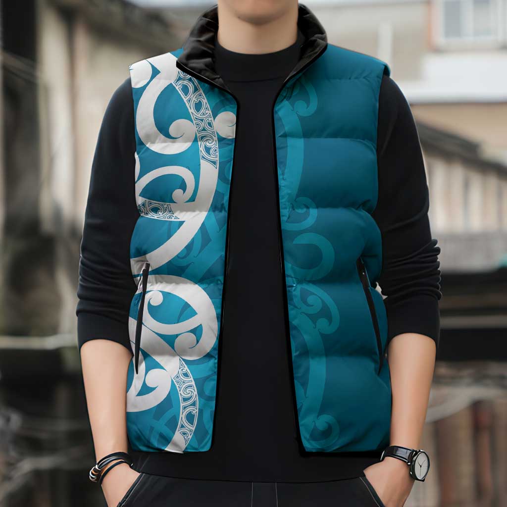 Azure Blue Maori Sleeveless Puffer Jacket Koru Kowhaiwhai - Polynesian Pride