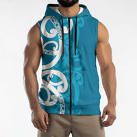 Azure Blue Maori Sleeveless Zip Hoodie Koru Kowhaiwhai - Polynesian Pride