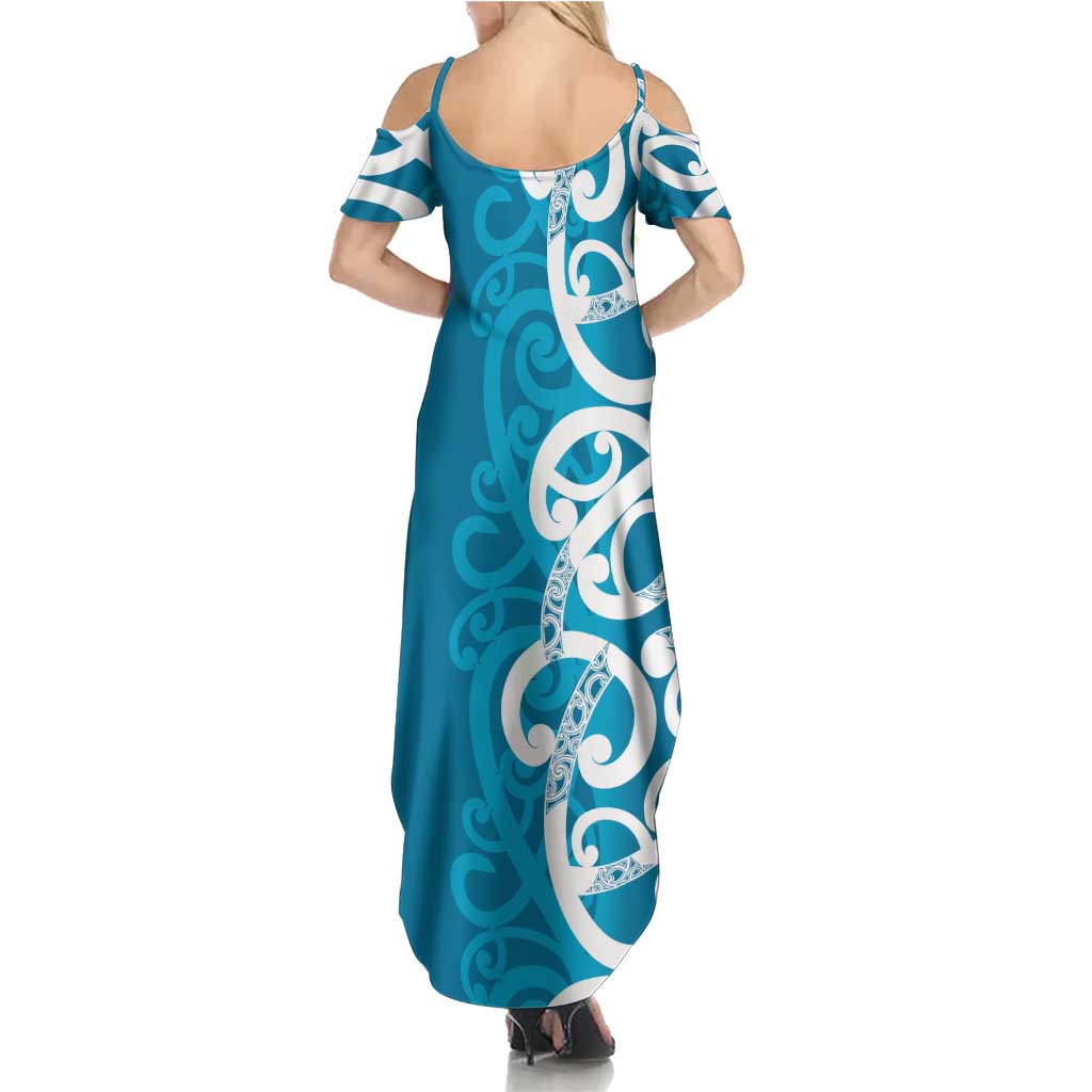 Azure Blue Maori Summer Maxi Dress Koru Kowhaiwhai - Polynesian Pride