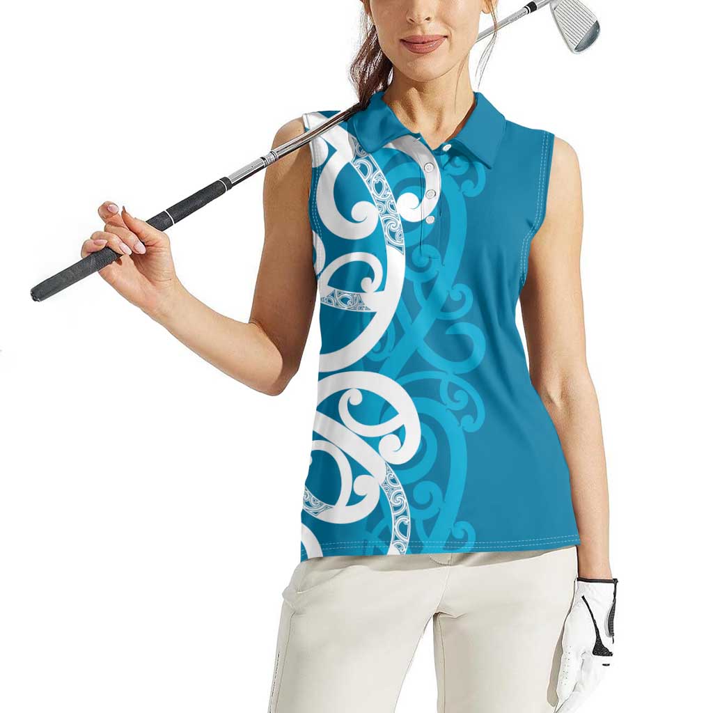 Azure Blue Maori Women Sleeveless Polo Shirt Koru Kowhaiwhai - Polynesian Pride