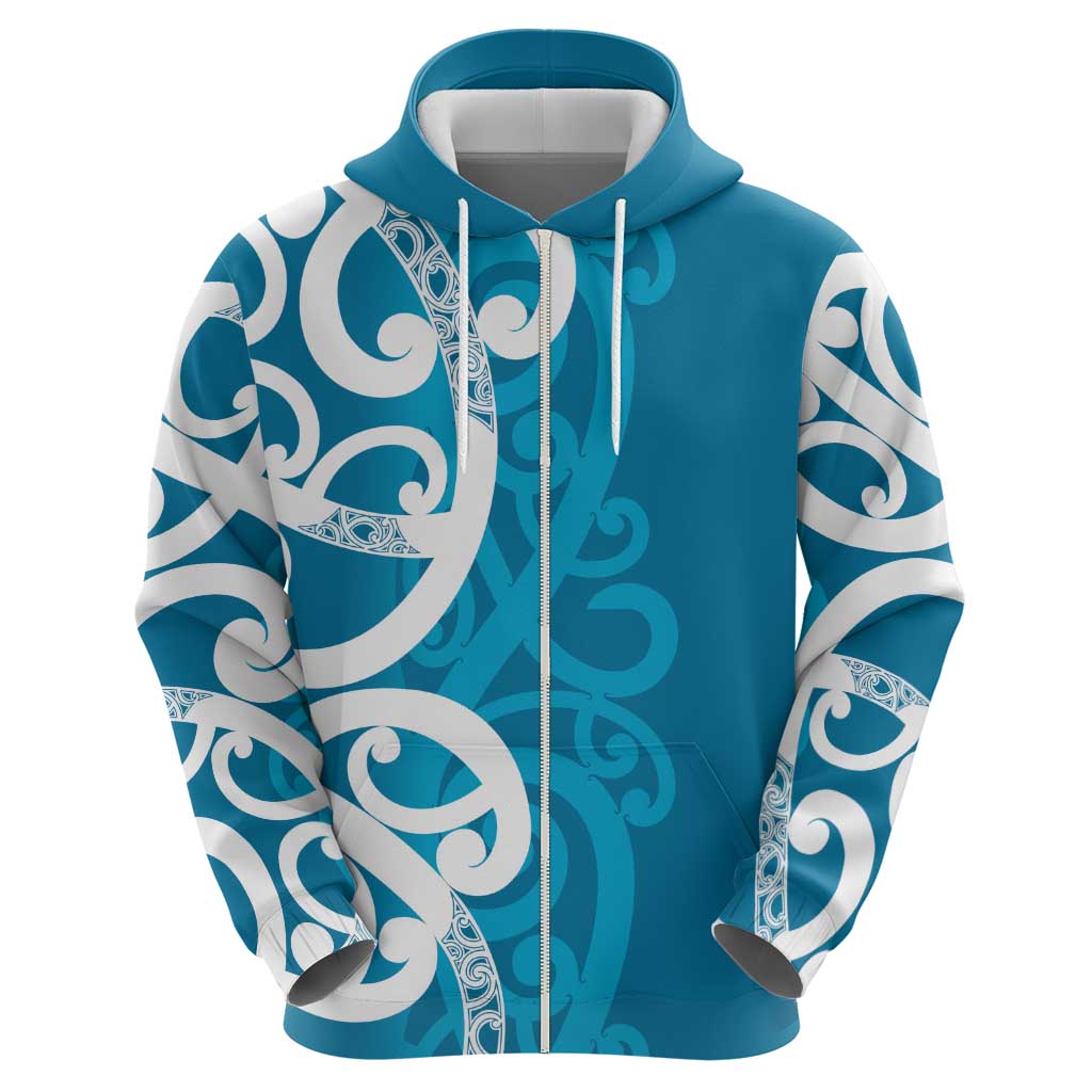 Azure Blue Maori Zip Hoodie Koru Kowhaiwhai - Polynesian Pride