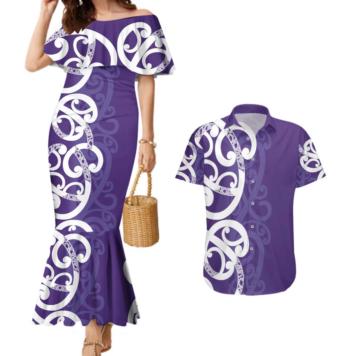 Violet Green Maori Couples Matching Mermaid Dress and Hawaiian Shirt Koru Kowhaiwhai - Polynesian Pride