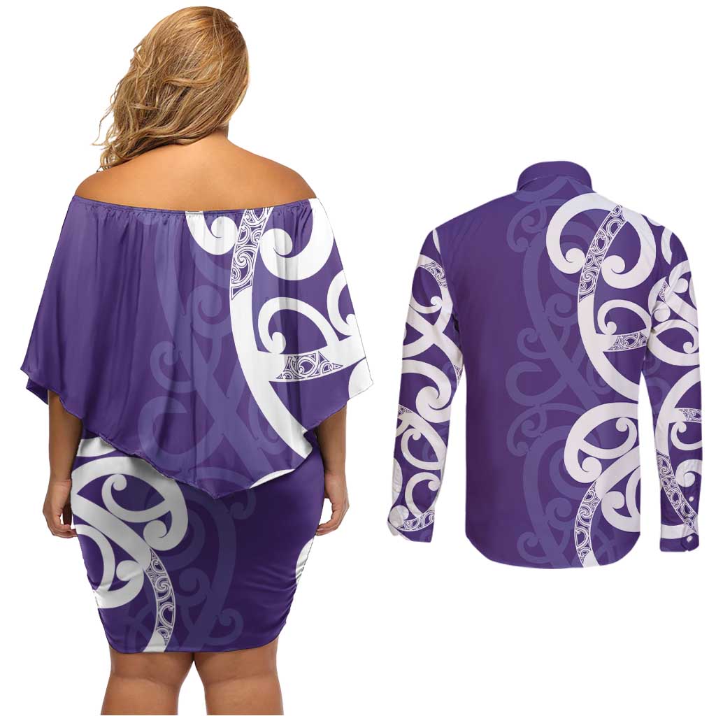Violet Green Maori Couples Matching Off Shoulder Short Dress and Long Sleeve Button Shirt Koru Kowhaiwhai - Polynesian Pride
