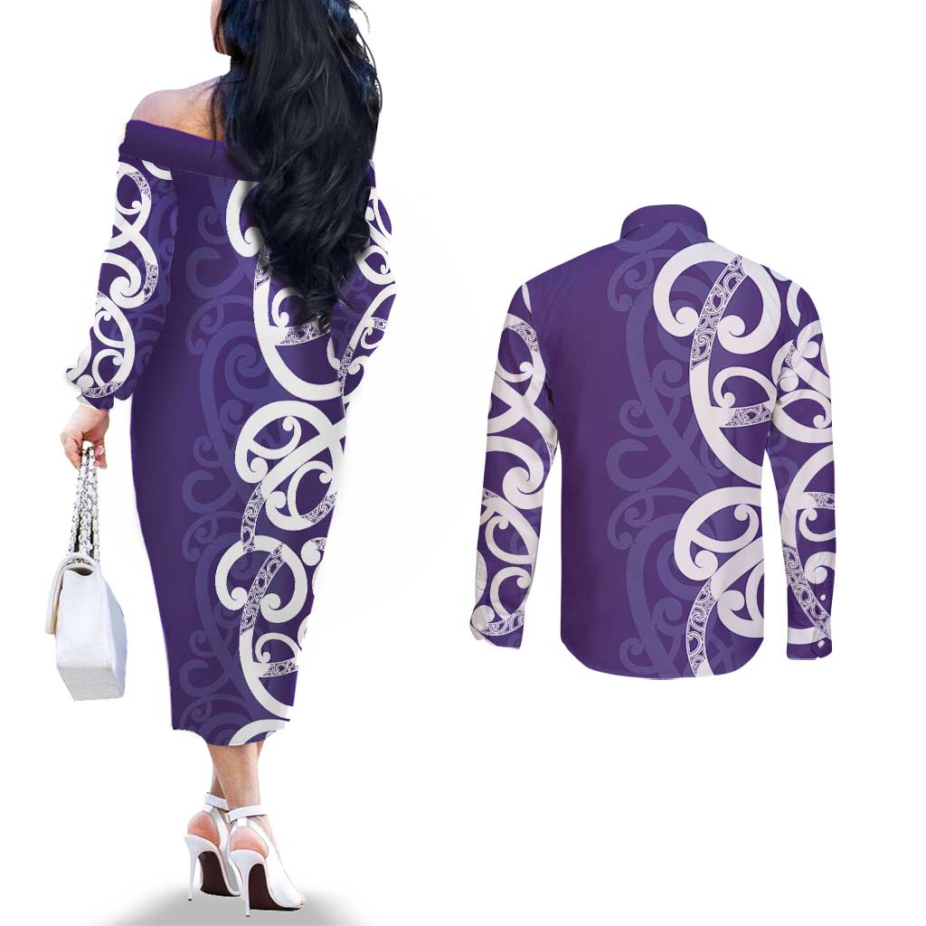 Violet Green Maori Couples Matching Off The Shoulder Long Sleeve Dress and Long Sleeve Button Shirt Koru Kowhaiwhai LT7 - Polynesian Pride