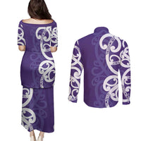 Violet Green Maori Couples Matching Puletasi and Long Sleeve Button Shirt Koru Kowhaiwhai - Polynesian Pride