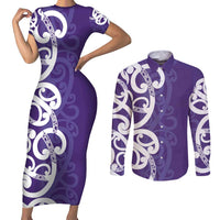 Violet Green Maori Couples Matching Short Sleeve Bodycon Dress and Long Sleeve Button Shirt Koru Kowhaiwhai - Polynesian Pride