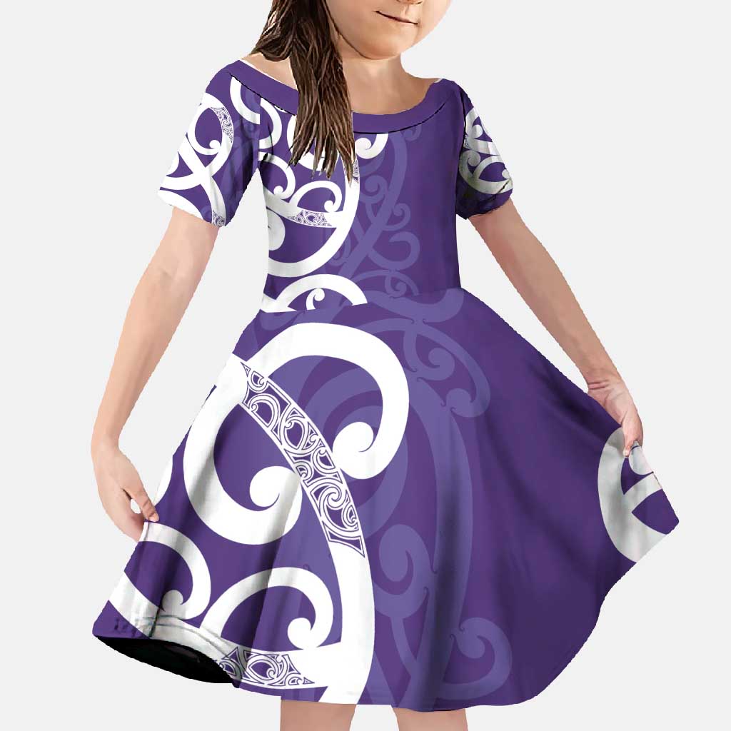 Violet Green Maori Family Matching Long Sleeve Bodycon Dress and Hawaiian Shirt Koru Kowhaiwhai LT7 Daughter's Dress Violet - Polynesian Pride