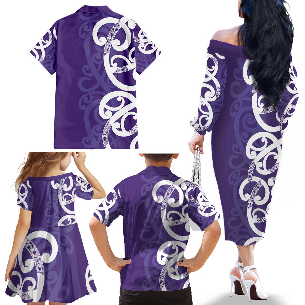 Violet Green Maori Family Matching Off The Shoulder Long Sleeve Dress and Hawaiian Shirt Koru Kowhaiwhai LT7 - Polynesian Pride