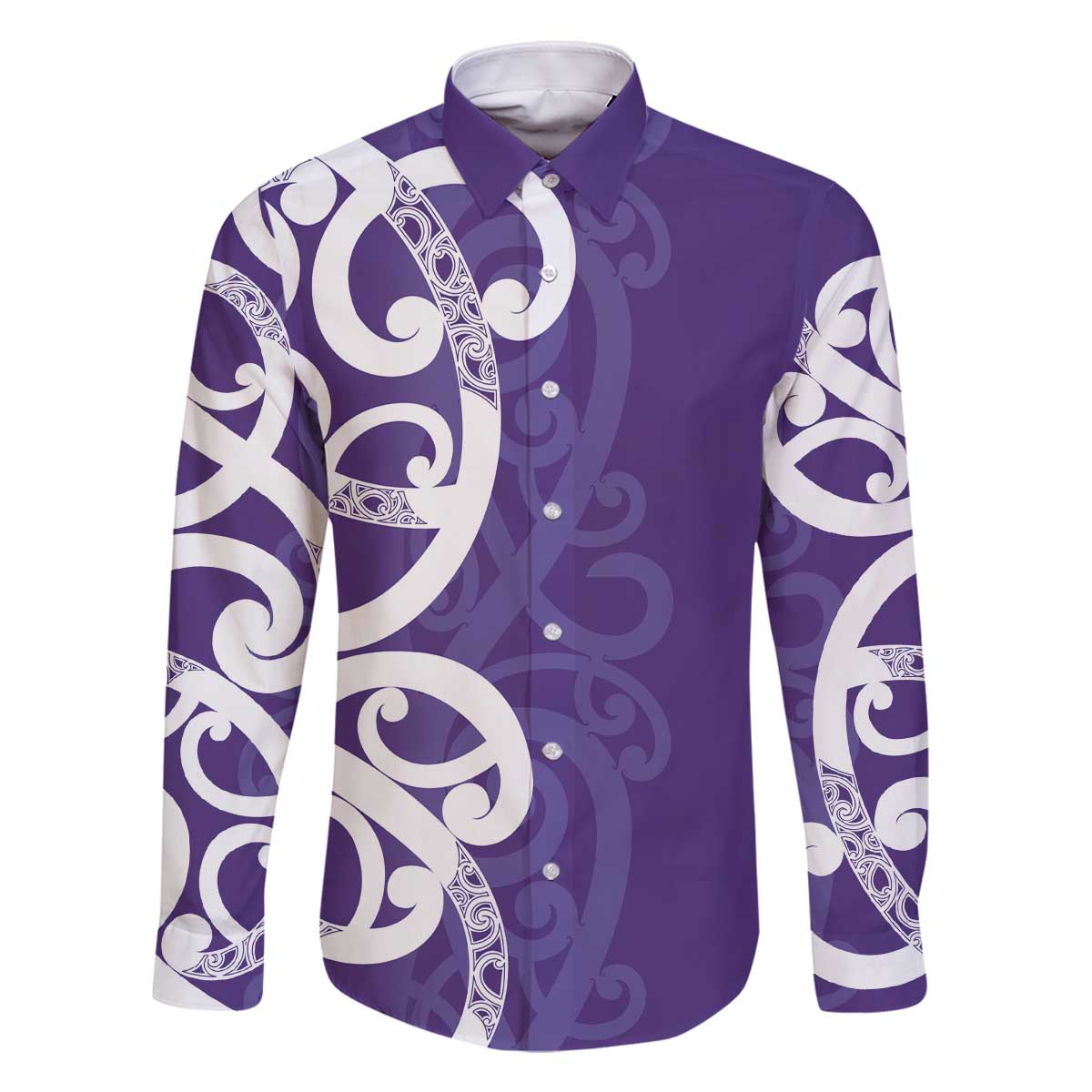 Violet Green Maori Family Matching Off The Shoulder Long Sleeve Dress and Hawaiian Shirt Koru Kowhaiwhai LT7 Dad's Shirt - Long Sleeve Violet - Polynesian Pride