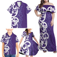 Violet Green Maori Family Matching Off Shoulder Maxi Dress and Hawaiian Shirt Koru Kowhaiwhai LT7 - Polynesian Pride