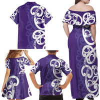 Violet Green Maori Family Matching Off Shoulder Maxi Dress and Hawaiian Shirt Koru Kowhaiwhai LT7 - Polynesian Pride