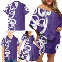 Violet Green Maori Family Matching Off Shoulder Short Dress and Hawaiian Shirt Koru Kowhaiwhai LT7 - Polynesian Pride