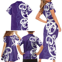 Violet Green Maori Family Matching Short Sleeve Bodycon Dress and Hawaiian Shirt Koru Kowhaiwhai LT7 - Polynesian Pride